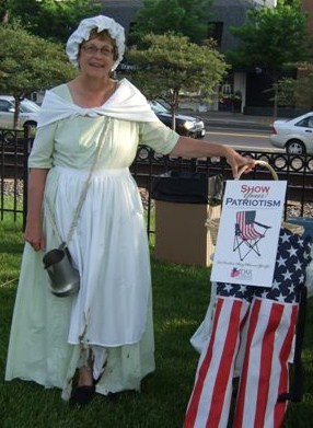 Blog editor/DAR member as "Molly Pitcher" - her dress, apron and petticoat were burned in battle by a Redcoat cannonball.