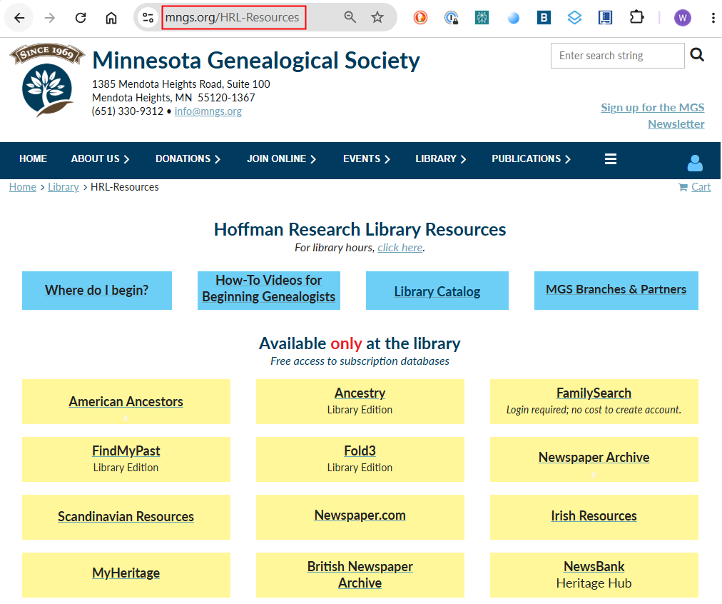 Screen capture showing the Hoffman Research Library main page with links