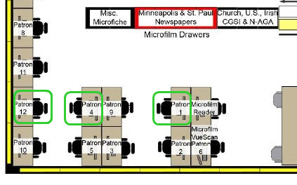 Map of the patron workstations with Irish Ancestors workstations marked