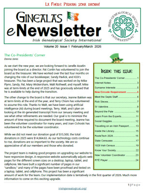 Image of front cover of our eNewsletter, Ginealas