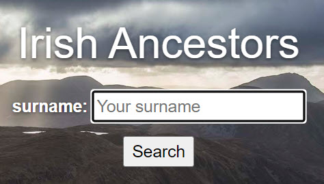 Screen image of the Irish Ancestors website's main page