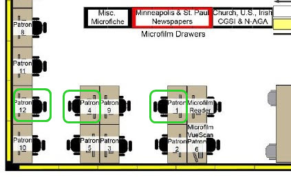 Map of the workstations at the Minnesota Genealogy Center, with Irish Ancestors workstations marked.