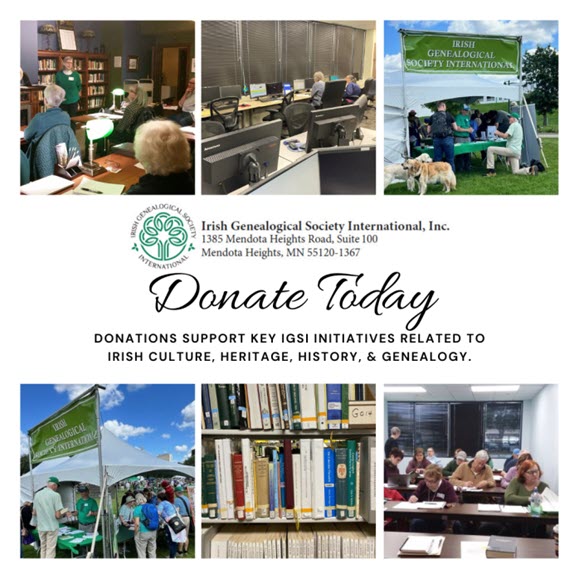 Collage showing IGSI members attending classes and engaged in other activities. Title:  Donate Today: donations support key IGSI initiatives related to Irish culture, heritage, history & genealogy.